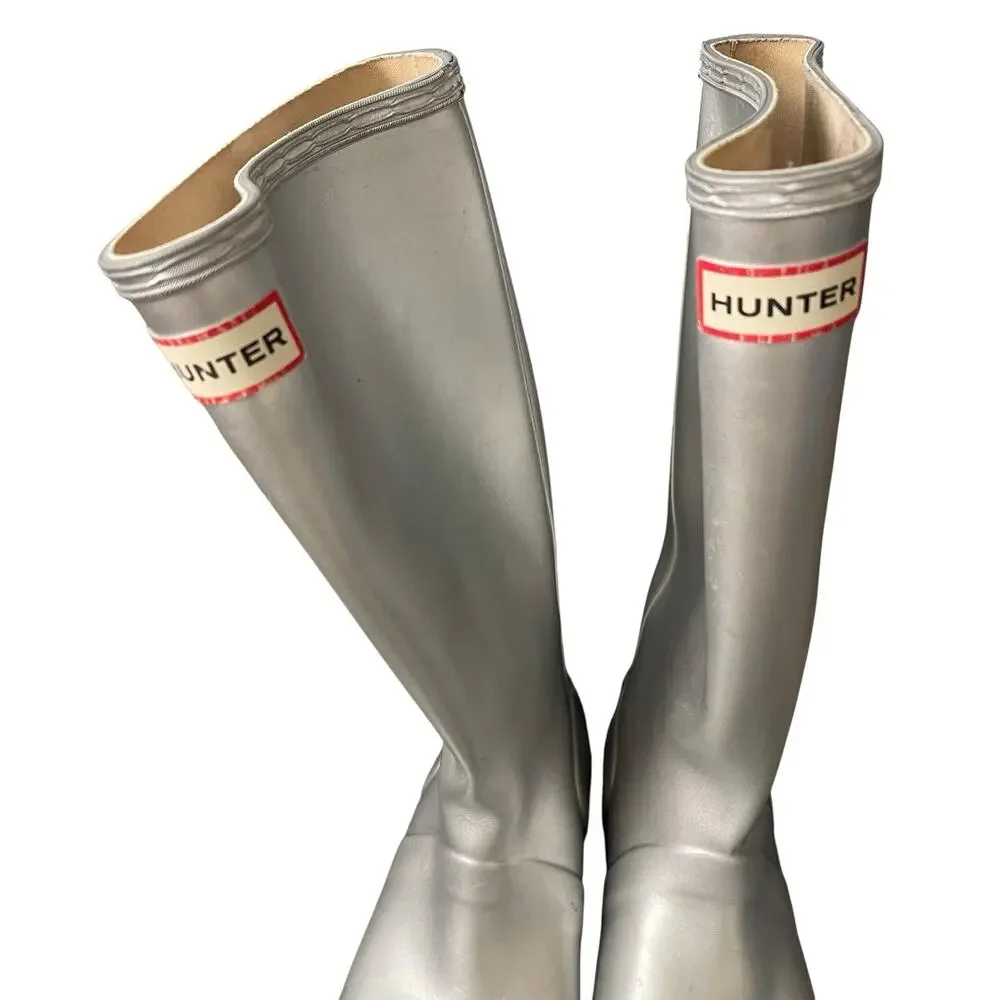 FLAW Hunter Kids Original Metal Silver Boots Rain Winter Girls US 5 Boys US 4